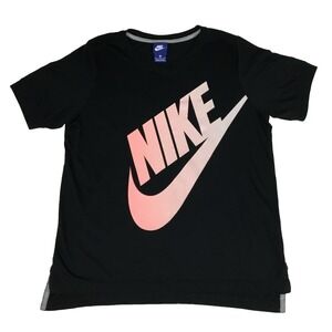 Nike T-Shirt Vintage Blue Tag Mens M Medium 40" Black Tee Pink Logo Short Sleeve